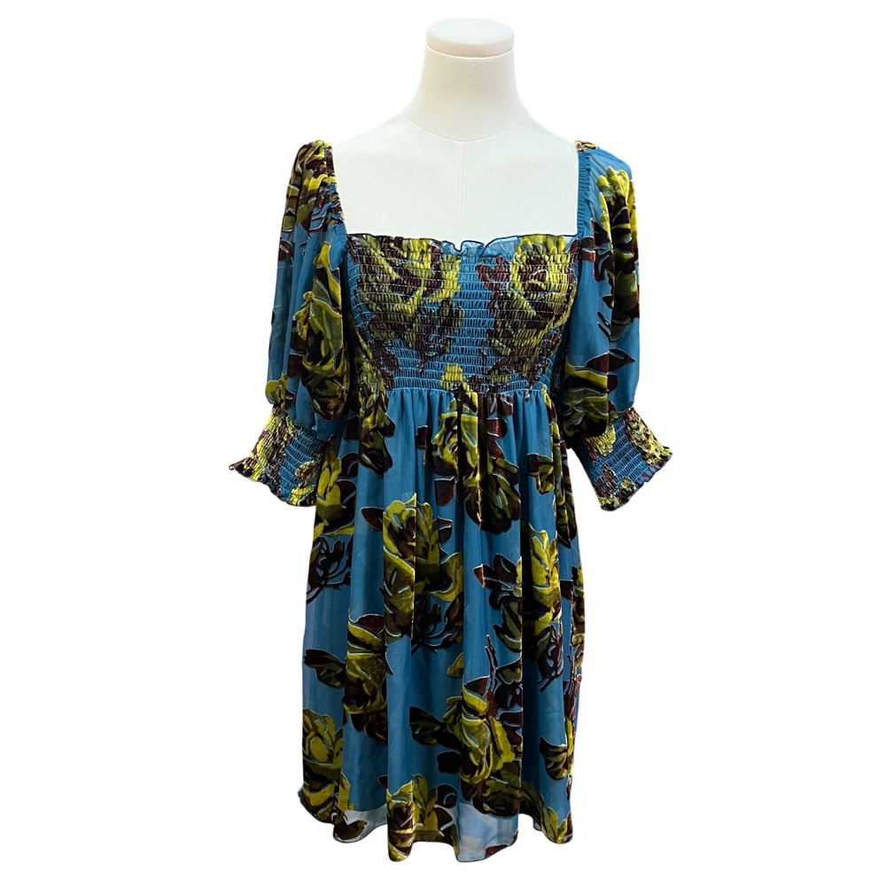 Betsey Johnson Teal Velvet Burnout Puff Sleeve Floral Silk Babydoll Dress M - Picture 2 of 10